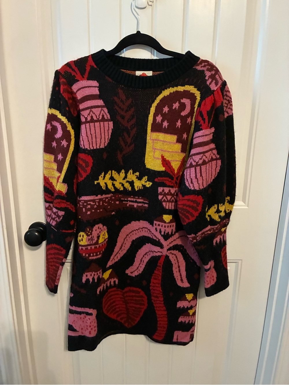 FARM Rio Black Knit Dress with Pink, Yellow & Red Botanical Motifs